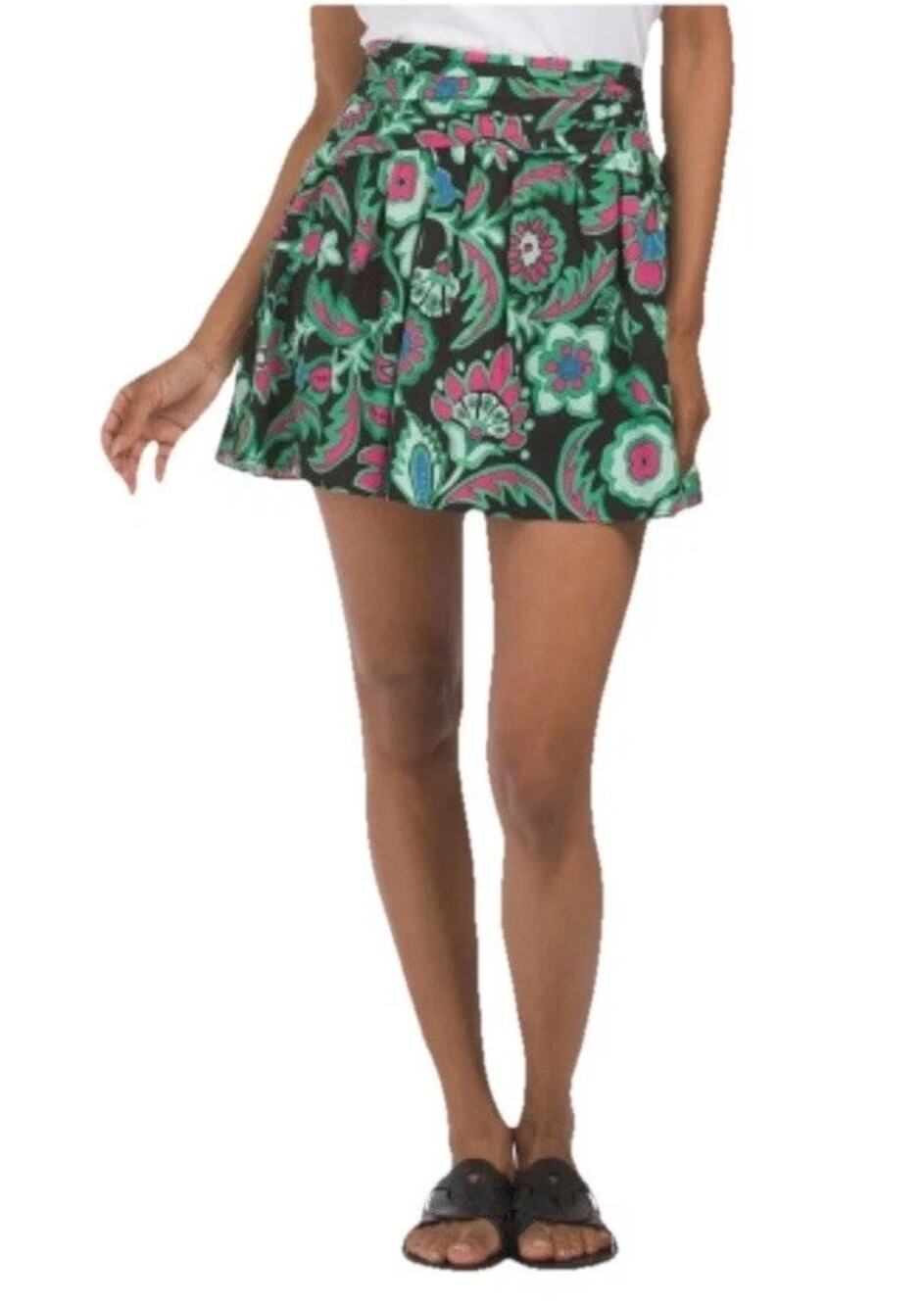 Zara Floral Print High Waisted Pleated Mini Skirt Black Green Women's Size Small